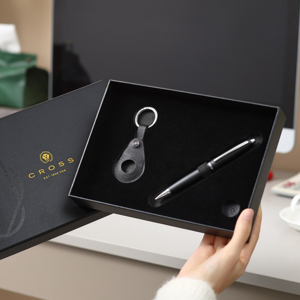 Cross Gift Set - Calais Black BP with Black Saffiano Leather Smart Tracker Key Chain