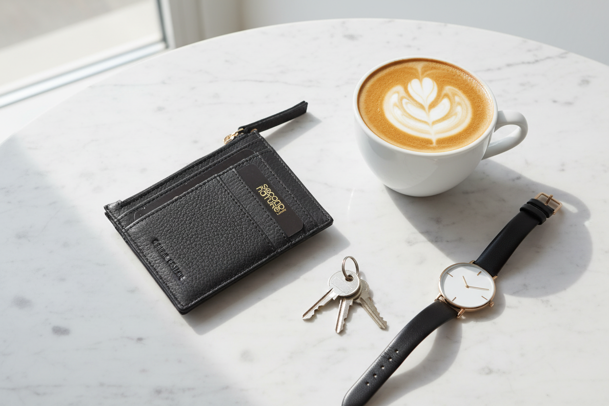 Leather Card & Coin Holder - Black