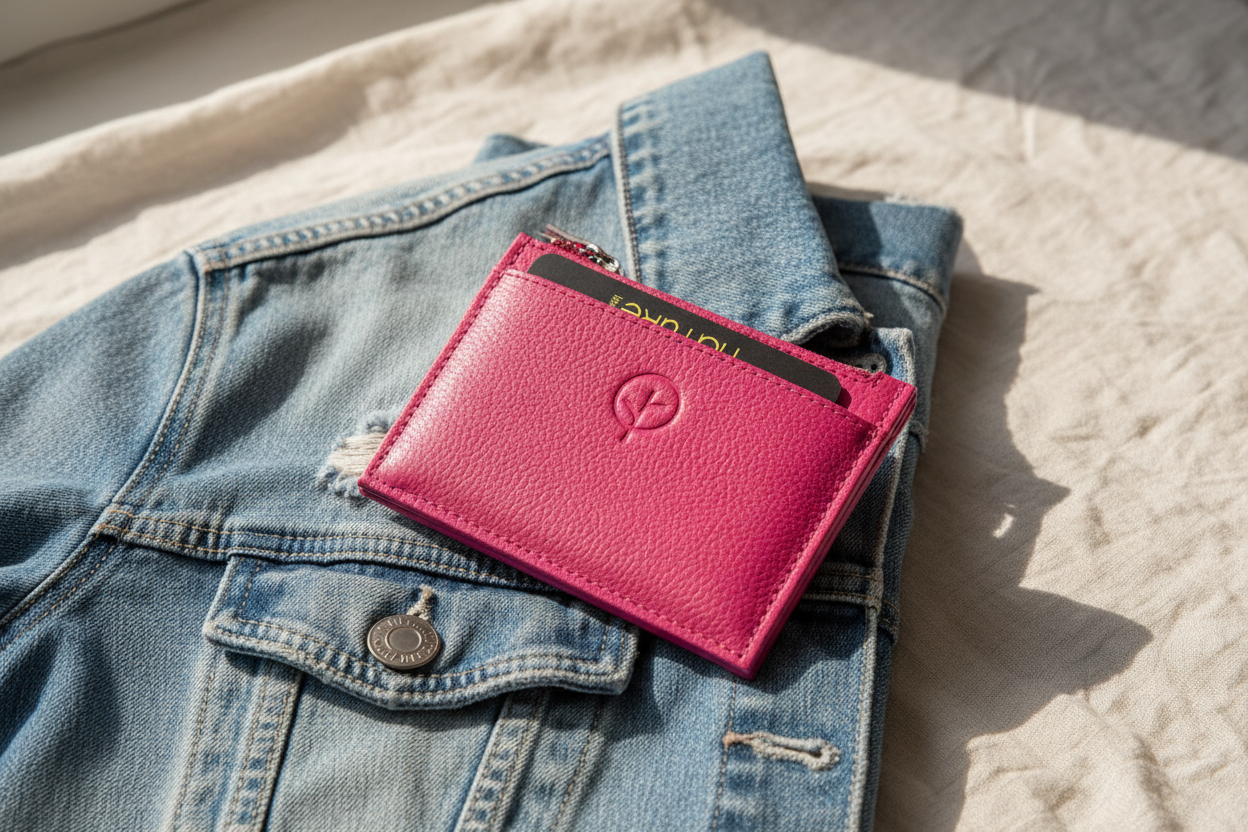 Leather Card & Coin Holder - Fuchsia