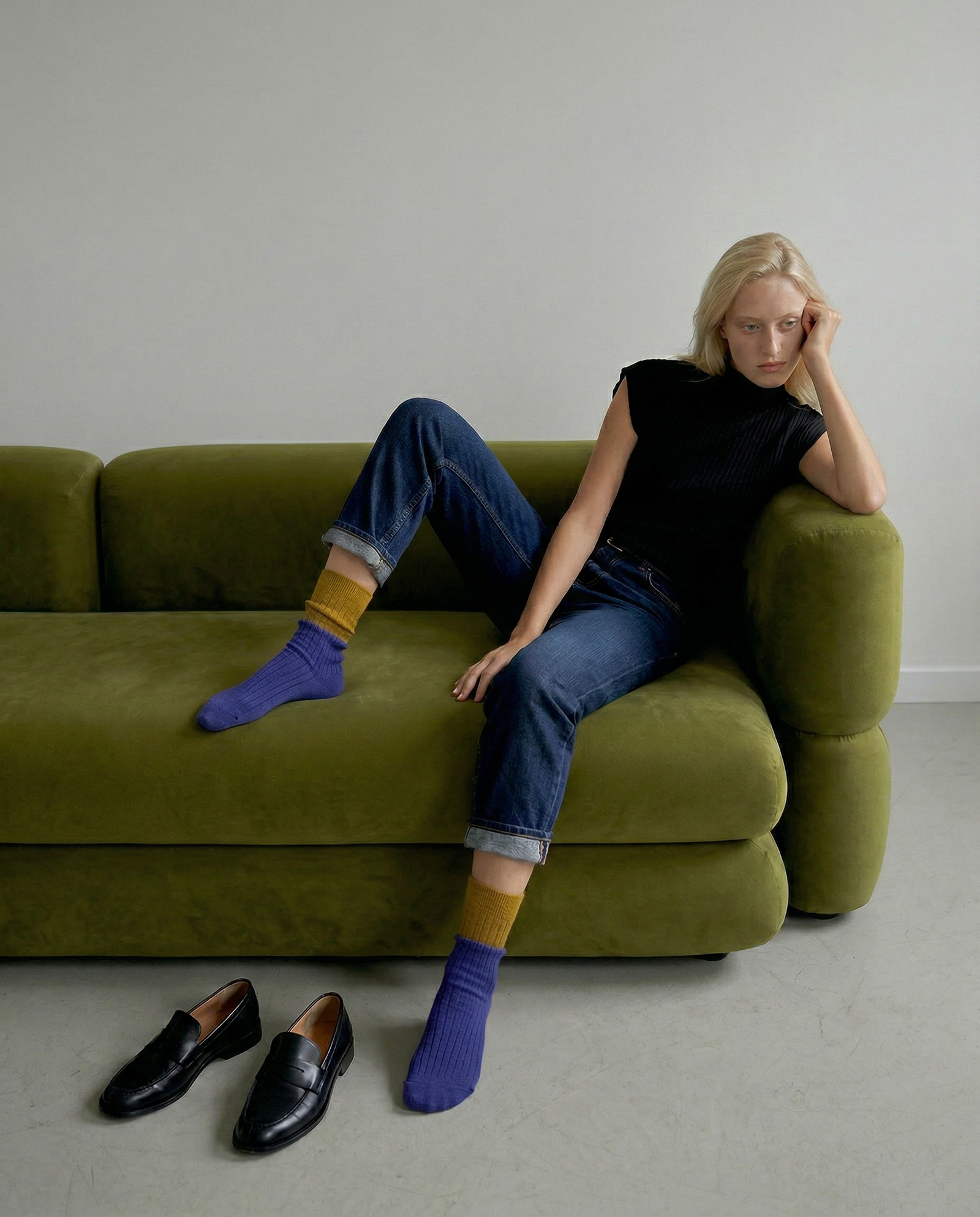 Possum Merino Wool DUNEDIN Socks, Royal Blue + Ecru Olive - Medium