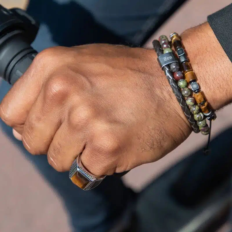 NIRVANA: Bracelet, 6mm Vintage steel and tiger eyes beads with nylon. Adjustable