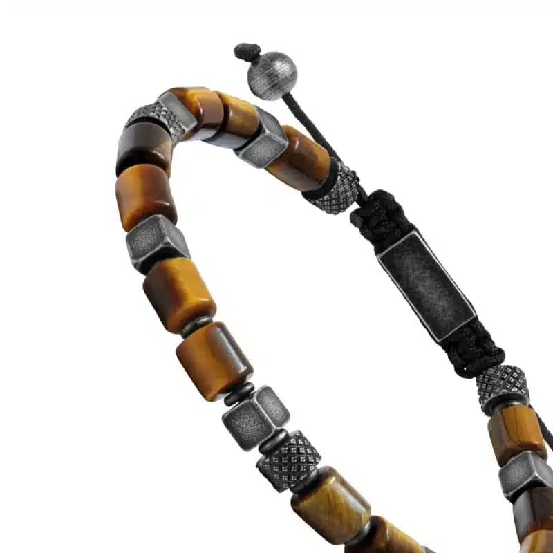 NIRVANA: Bracelet, 6mm Vintage steel and tiger eyes beads with nylon. Adjustable