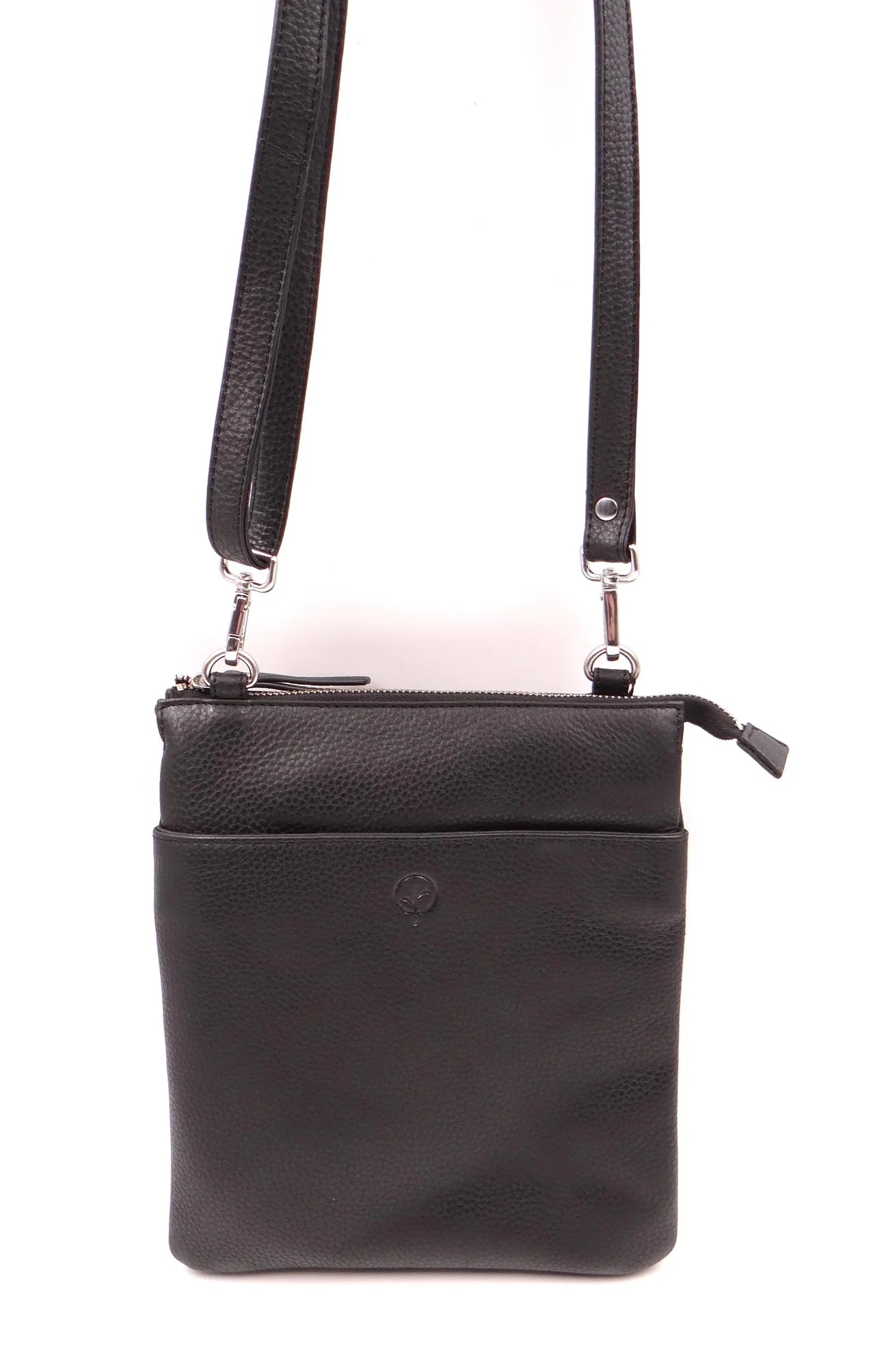 Leather Organiser Crossbody Bag –  Black with silver fittings