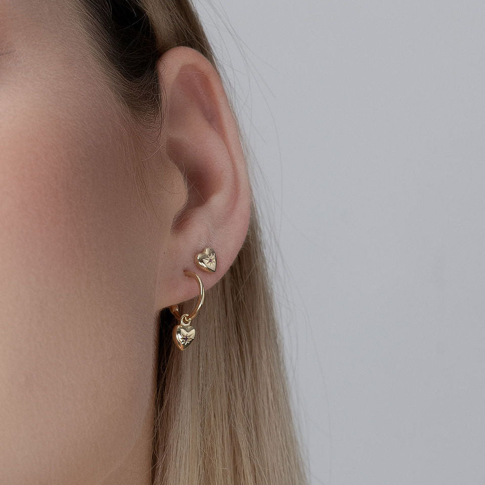 Petite Puffed Heart Hoop Earrings Ruby + Silver