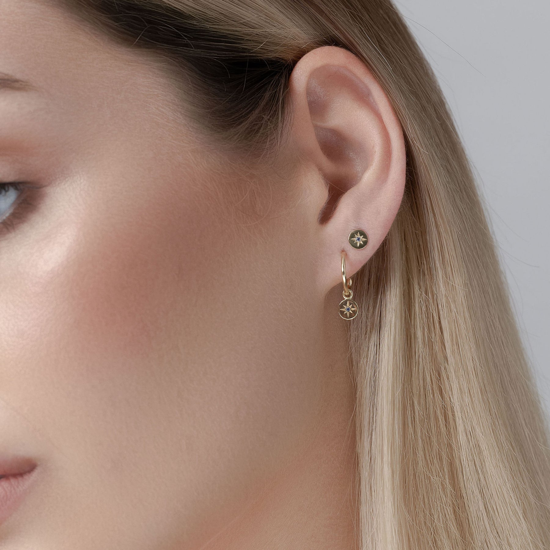 Petite North Star Hoop Earrings Blue Sapphire + Gold
