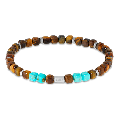 BOREAL: Bracelet with 5,5mm Tiger's Eye Quartz and Turqouise Beads, Satined steel. Elastic Bracelet