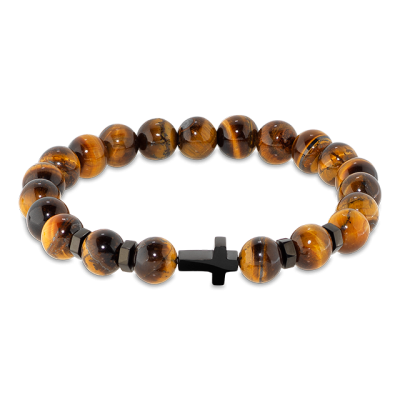 MYSTERES: ELASTIC BRACELET WITH 8MM TIGER'S EYE QUARTZ BEADS, AND IP BLACK CROSS. ONE SIZE