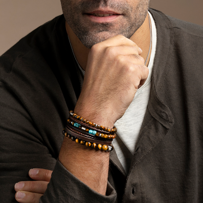 BOREAL: Bracelet with 5,5mm Tiger's Eye Quartz and Satined steel. Elastic Bracelet