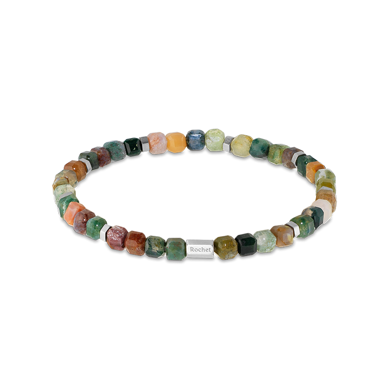 BOREAL: Bracelet with 5,5mm Indian Agate Beads and Satined steel. Elastic Bracelet