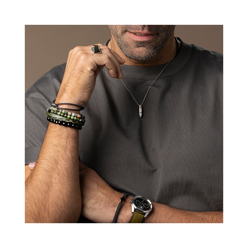 BOREAL: Bracelet with 5,5mm Indian Agate Beads and Satined steel. Elastic Bracelet