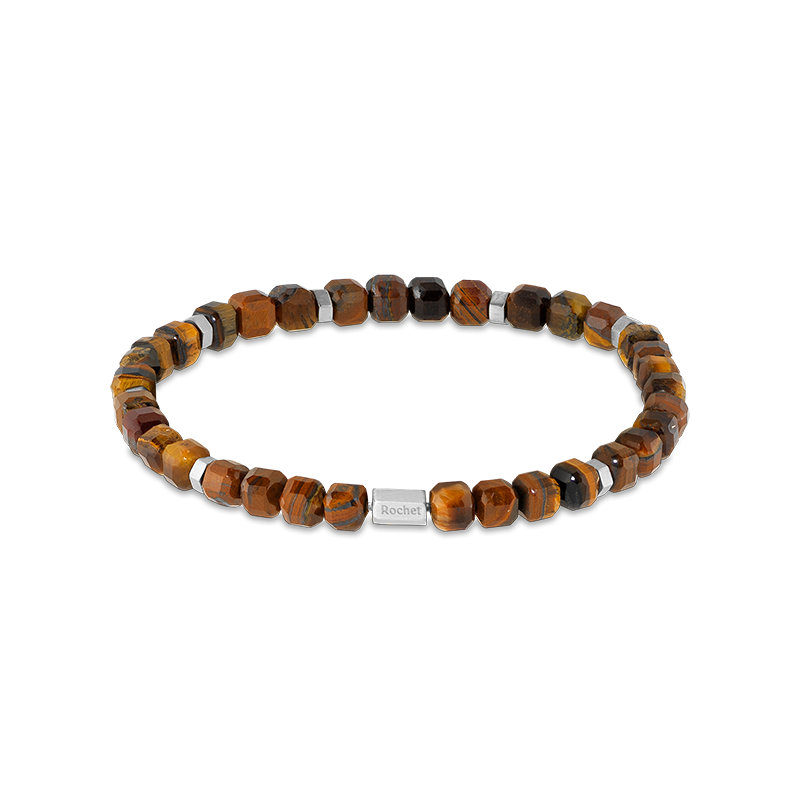 BOREAL: Bracelet with 5,5mm Tiger's Eye Quartz and Satined steel. Elastic Bracelet