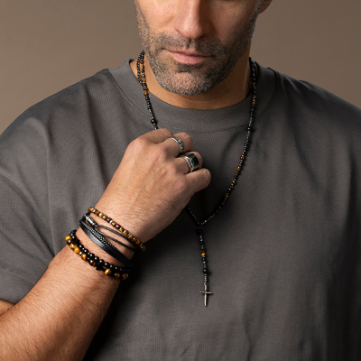 MYSTERES: ELASTIC BRACELET WITH 8MM TIGER'S EYE QUARTZ BEADS, AND IP BLACK CROSS. ONE SIZE