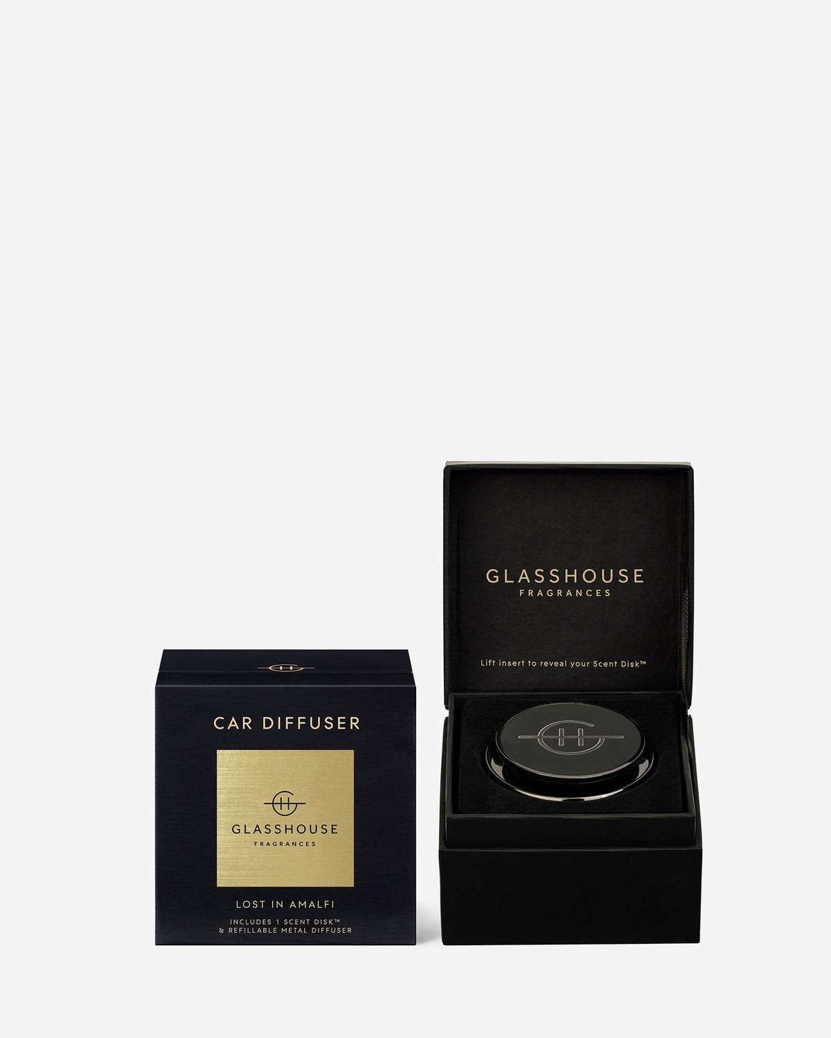 Glasshouse - Black Car Diffuser with 1 replacement scent Disk  - Lost in Amalfi