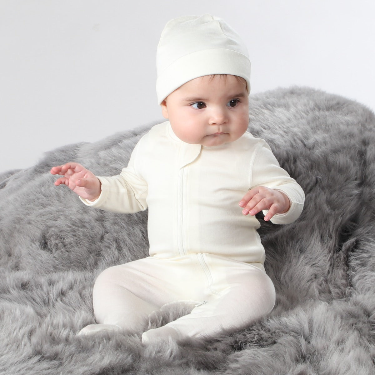 Merino Zip Babygrow - Cream - NB